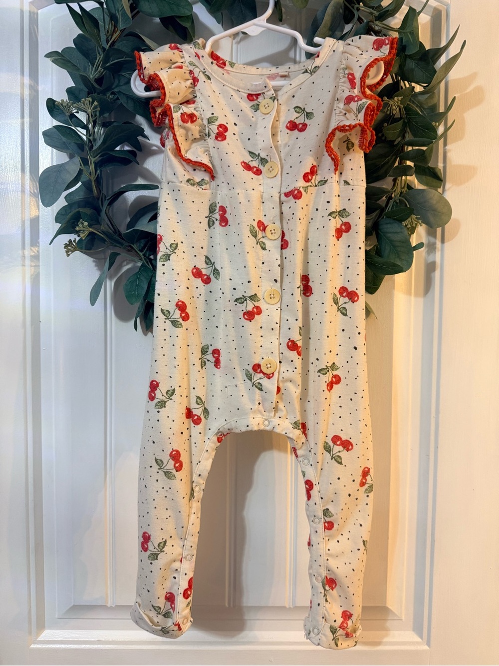 💫10/$25 • Jessica Simpson Cream Polka Dot Cherry Print Ruffle Detail Jumpsuit